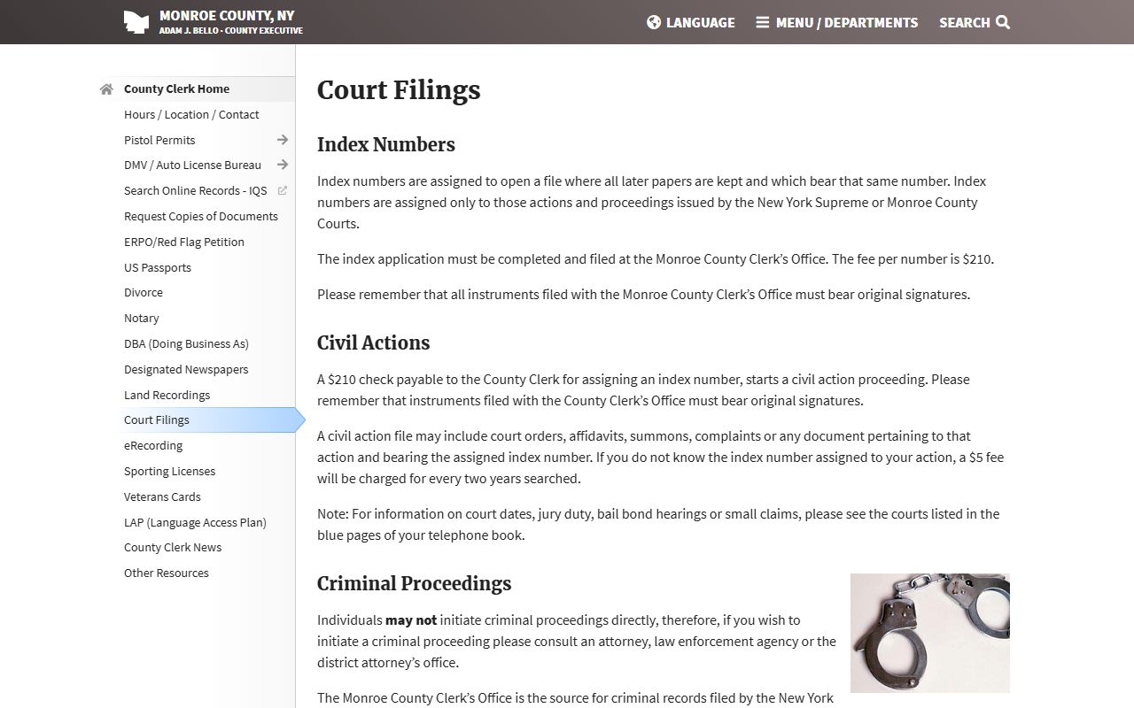 Monroe County Clerk court filings page for Greece civil court records