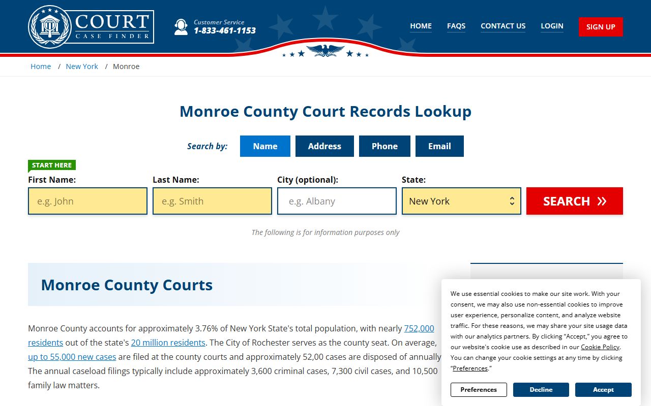 Monroe County courts directory showing Greece Town Court civil court records