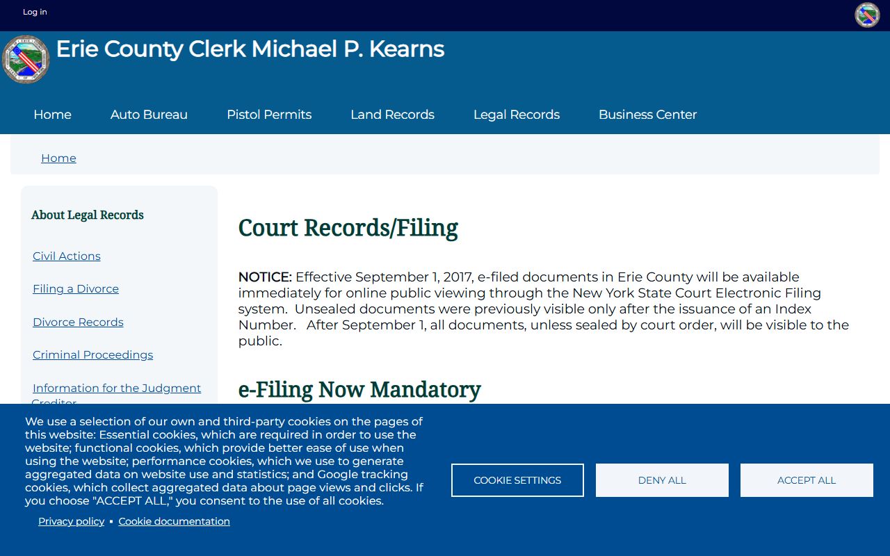 Erie County court records and filing page for civil court records