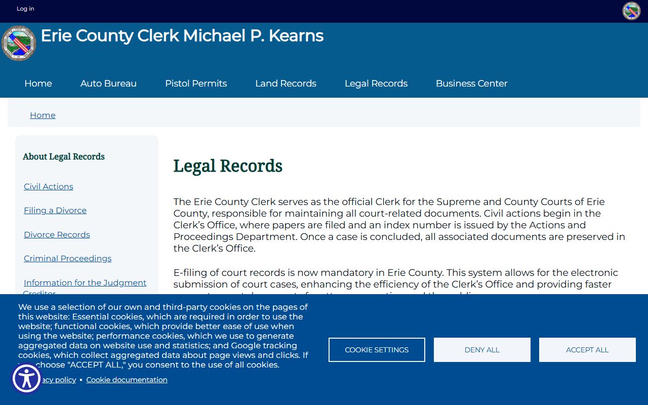 Erie County legal records page for civil court record searches