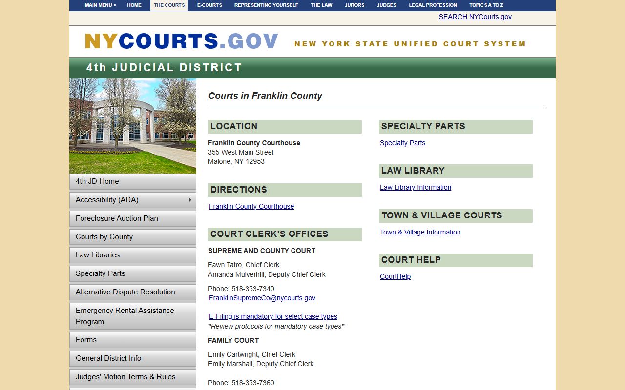 New York State Courts page for Franklin County civil court records