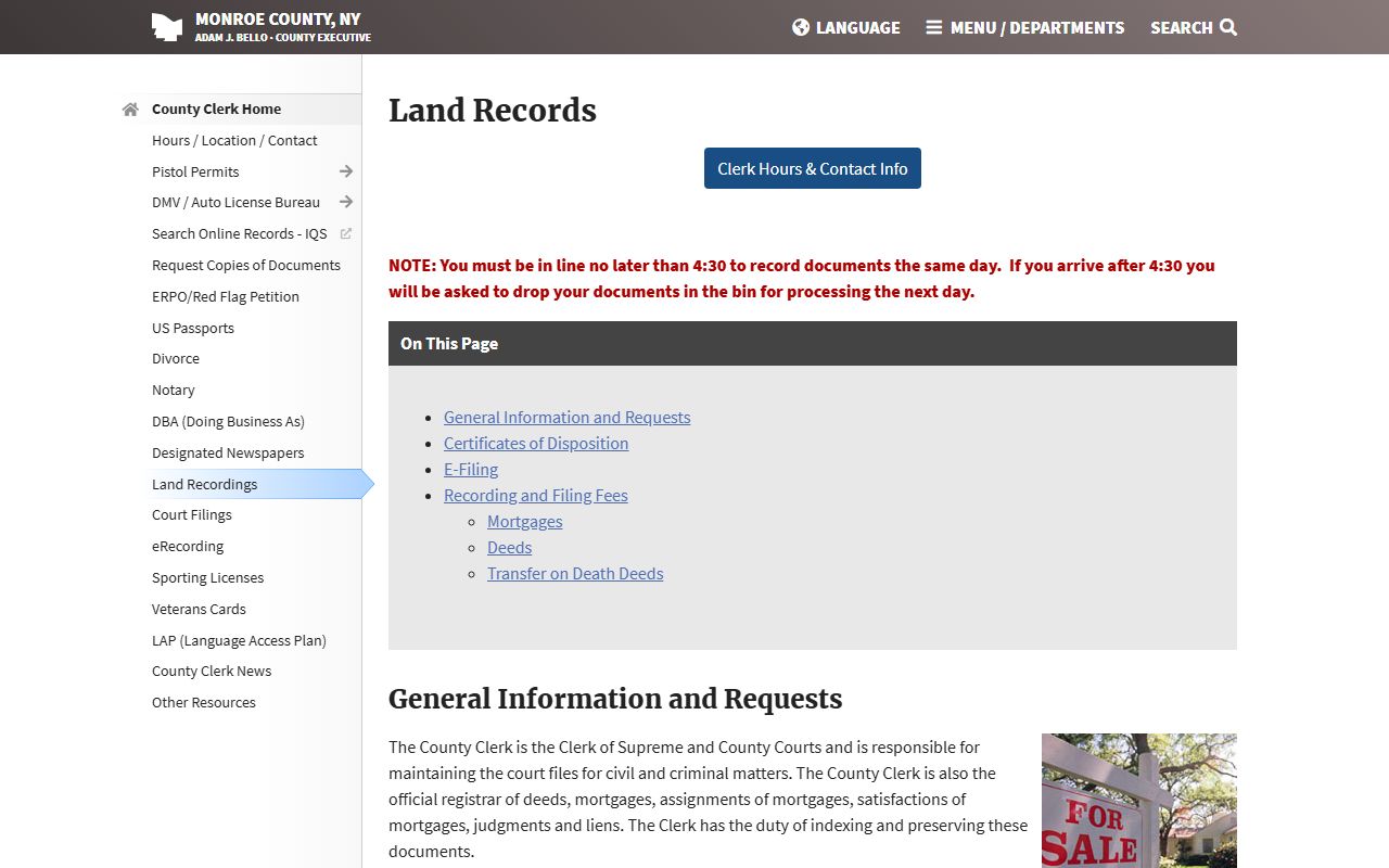 Monroe County Clerk court filings and land records page