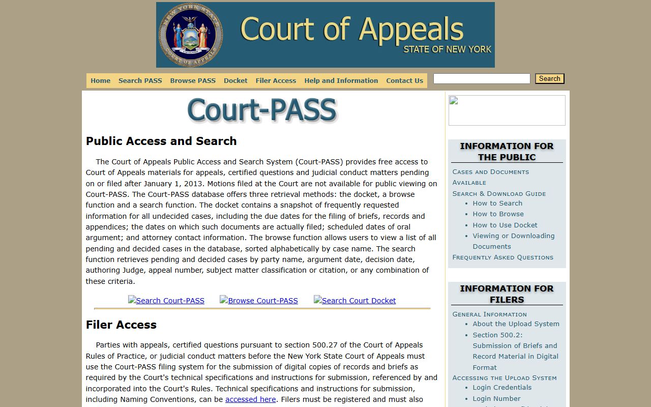 Court-PASS public access system for New York civil court records and appeals