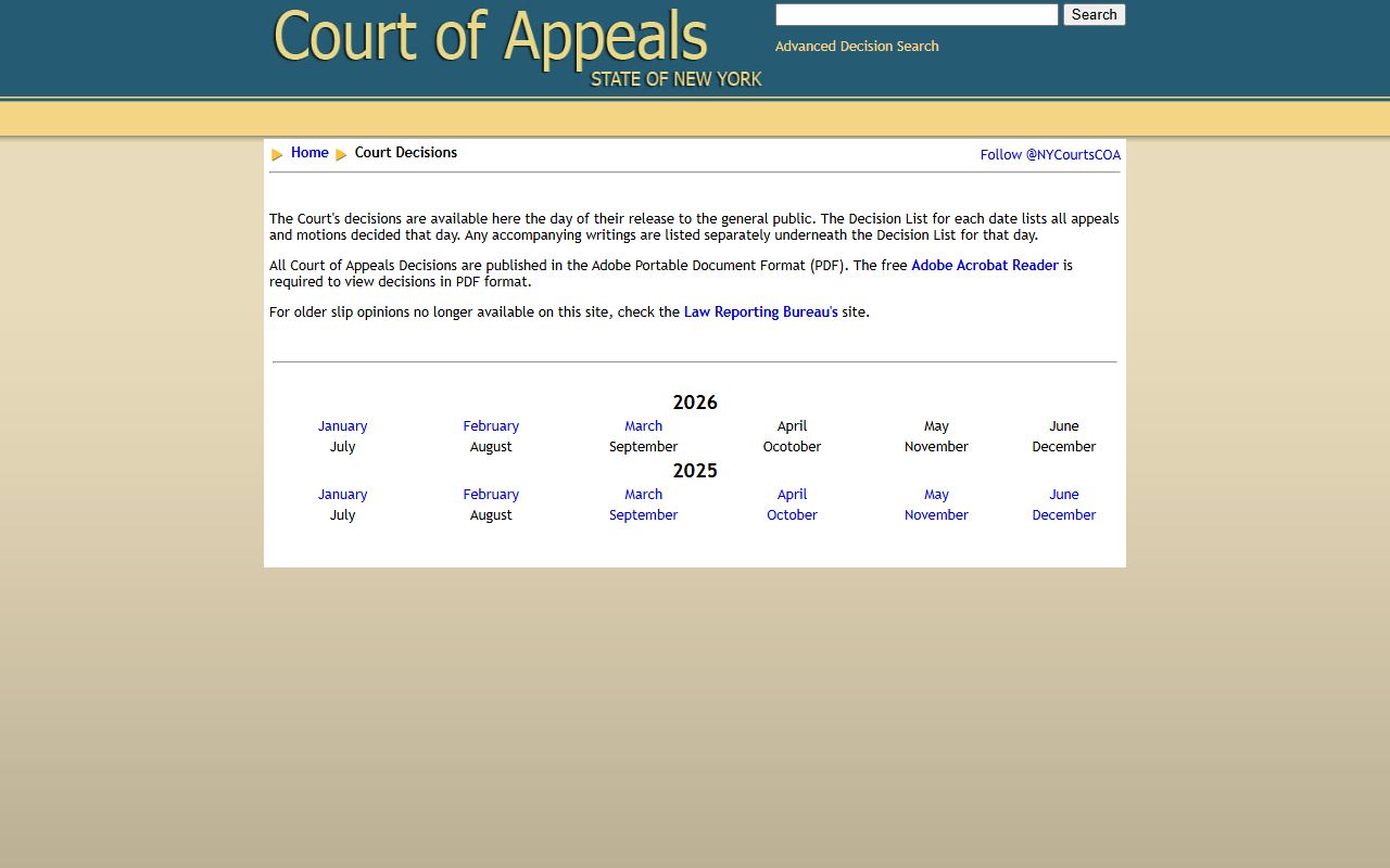 New York Court of Appeals decisions page for civil court records
