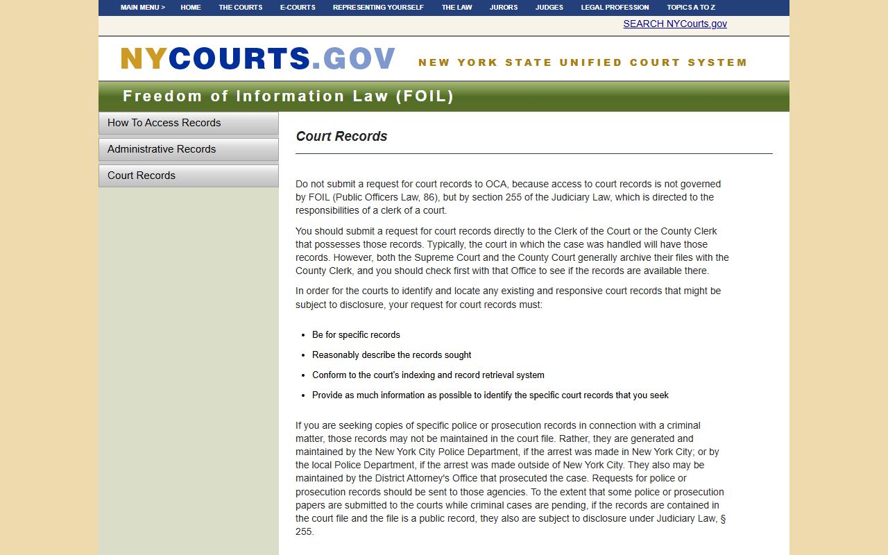 New York civil court records access page on NYS Unified Court System website