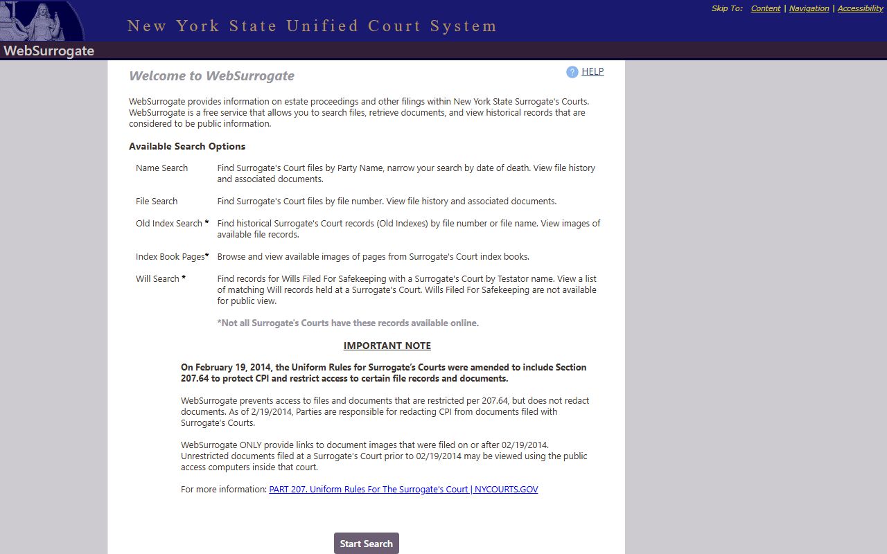 WebSurrogate portal for searching New York Surrogate's Court civil court records